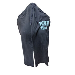Pink Victoria Secret black sweat pants pull tie waist, light blue labeling